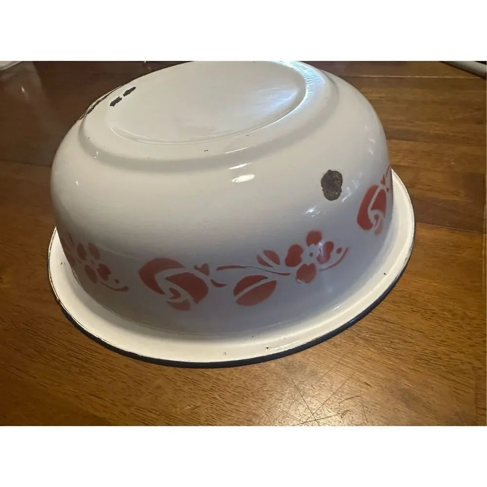 Vintage Large Floral Pattern Enamel Tin Serving Bowl Retro 12.5” repurposed